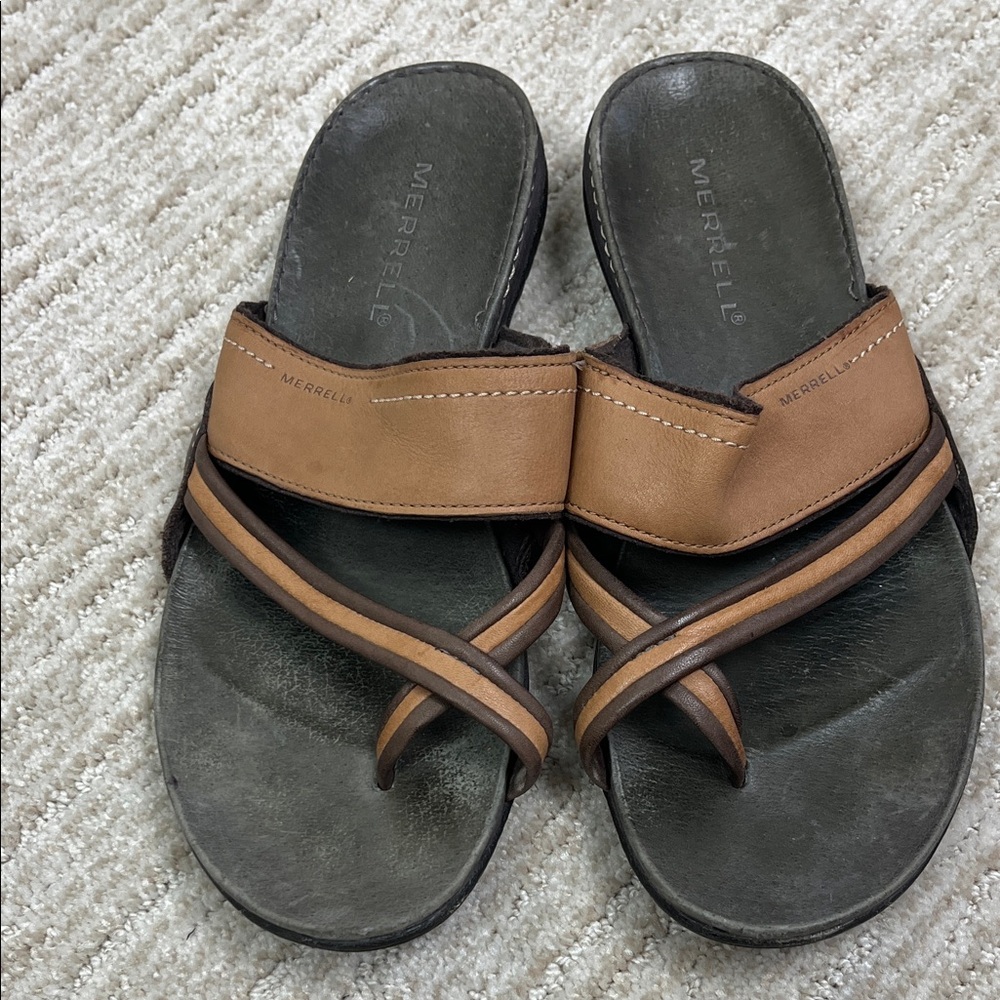 Merrell Sandals Mandolin Brown & Tan Slip On Leather Crisscross Straps Toe Loop